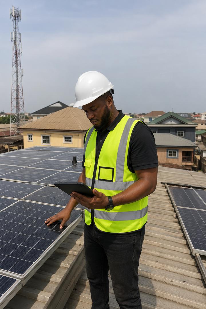 Prosper Kalu reviewing a rooftop solar installation