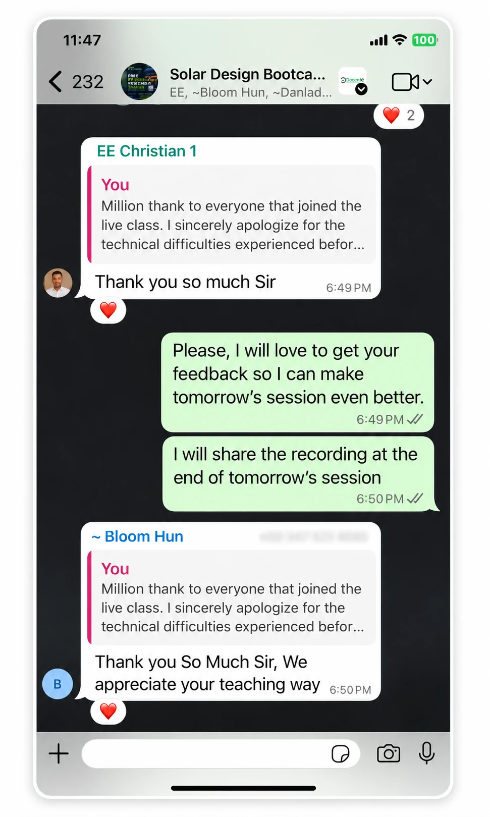 Feedback from a previous Solar Design Bootcamp participant