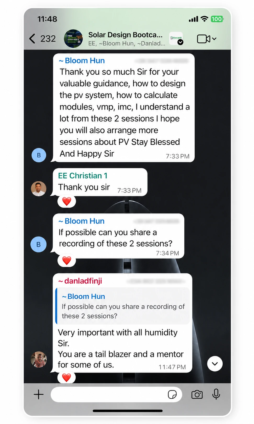 Additional feedback from a previous Solar Design Bootcamp participant
